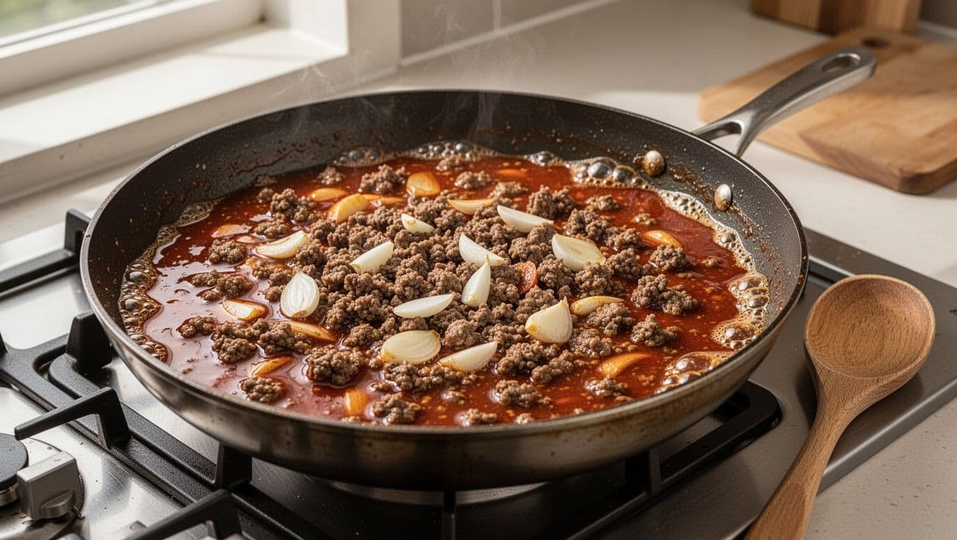 Browned ground beef simmers in glossy reddish sauce with garlic and ginger in a skillet.