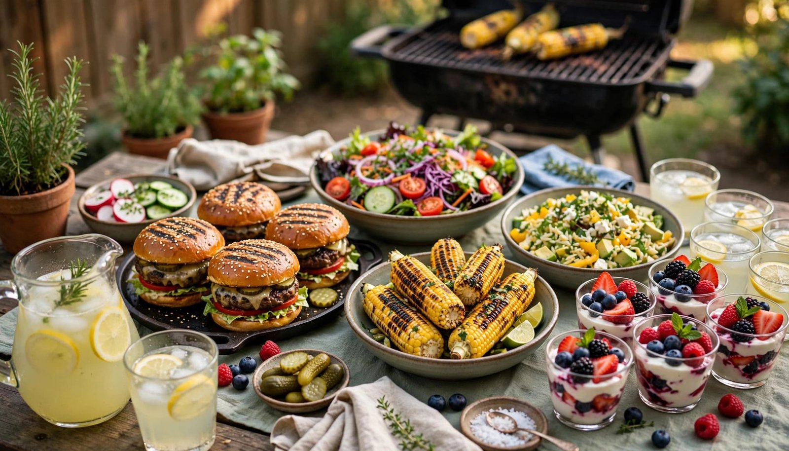 A picnic table filled with burgers, corn, salads, berry desserts, and lemonade beside a backyard grill.