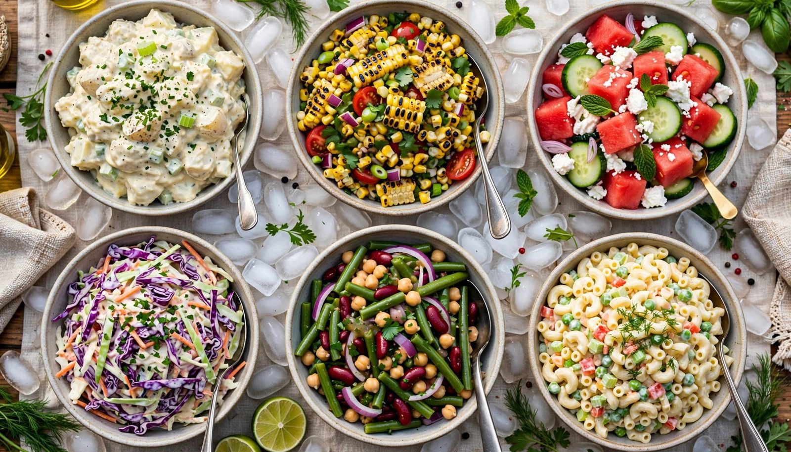 Colorful bowls of chilled salads and side dishes arranged on an outdoor party table.