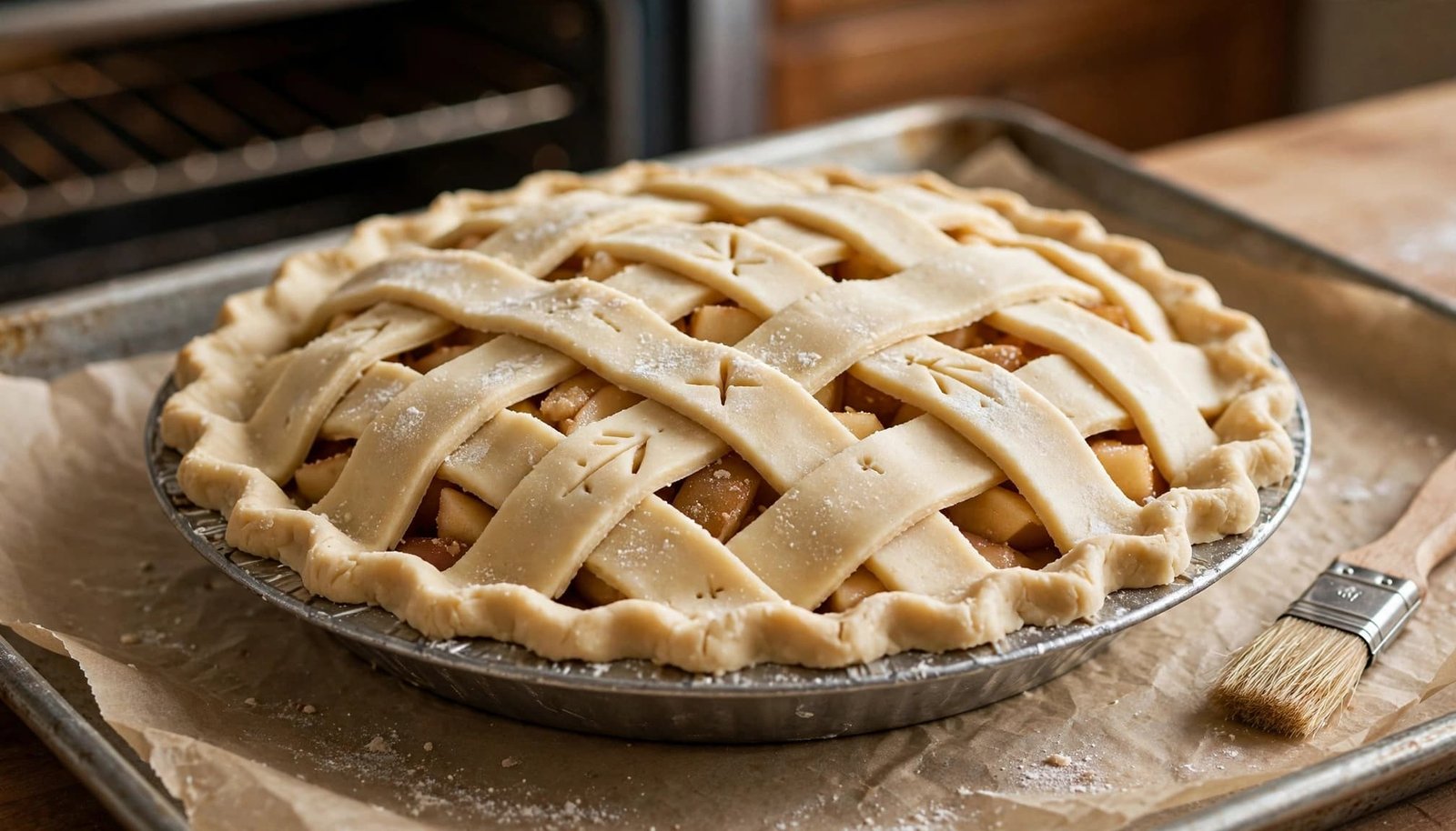 Unbaked apple pie with a lattice crust and pastry brush on a baking sheet.