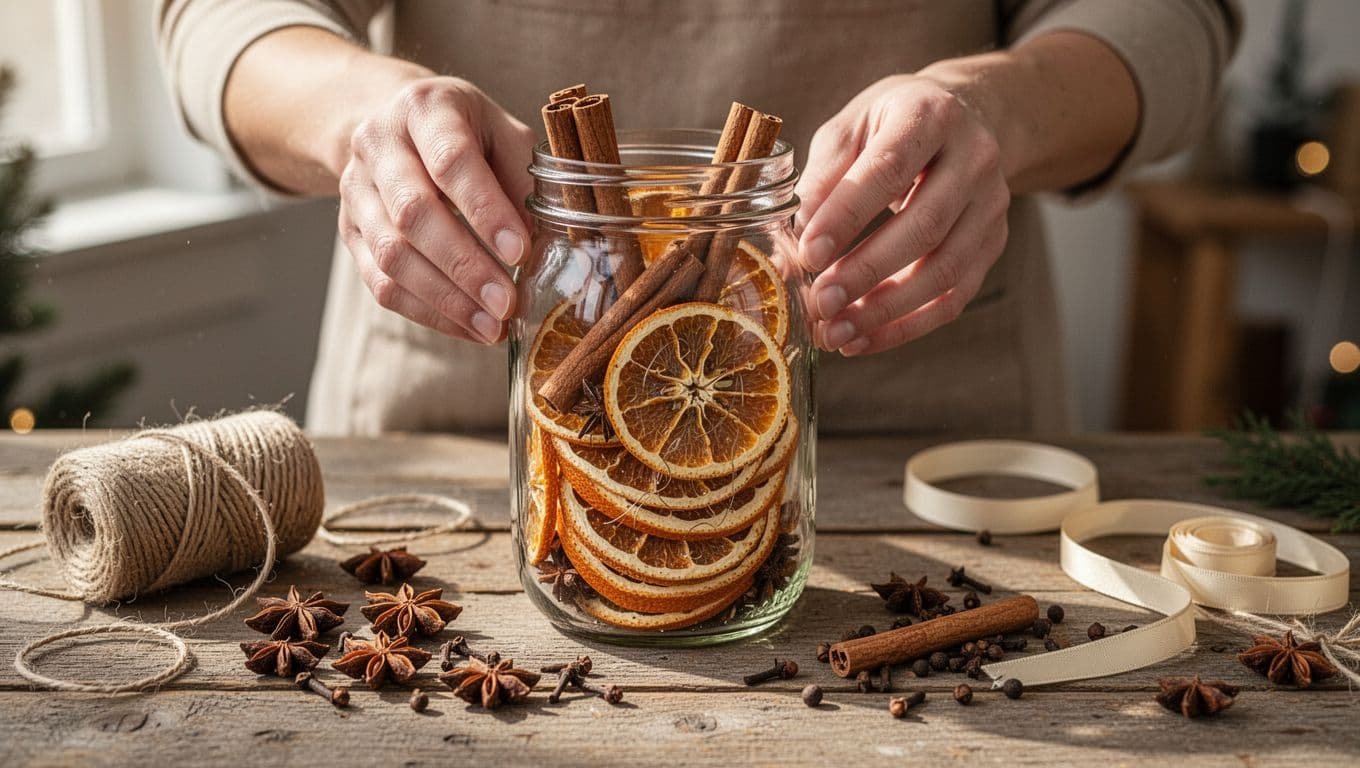 Hands layer dried citrus and cinnamon in a clear jar beside spices and ribbon.