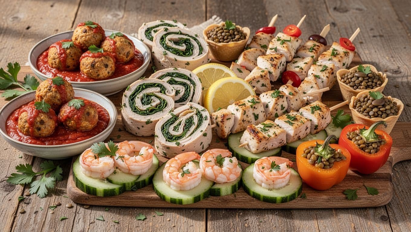 A colorful platter of lean protein appetizers on a rustic table.