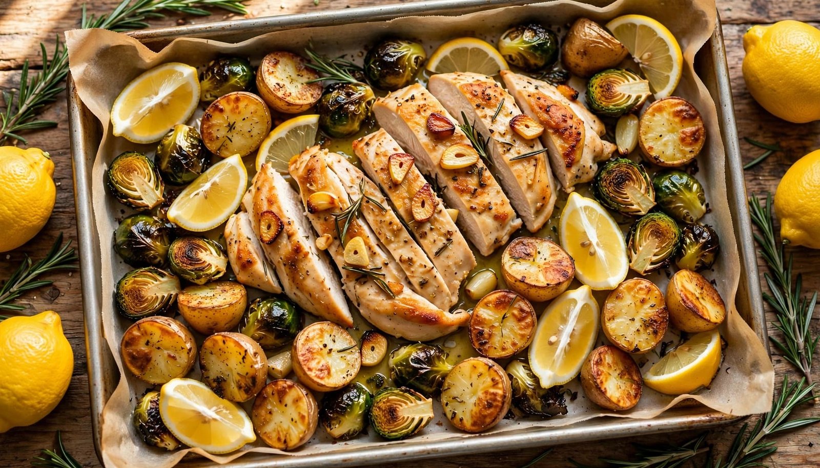 A sheet pan of lemon chicken, potatoes, and Brussels sprouts with lemons and rosemary nearby.