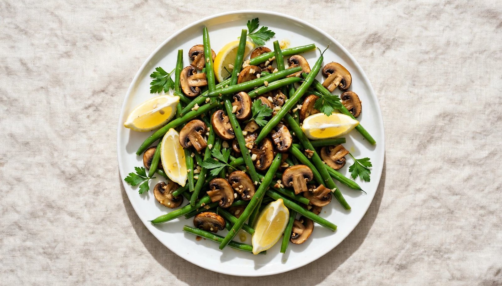 Green beans and mushrooms with parsley and lemon wedges on a white platter.