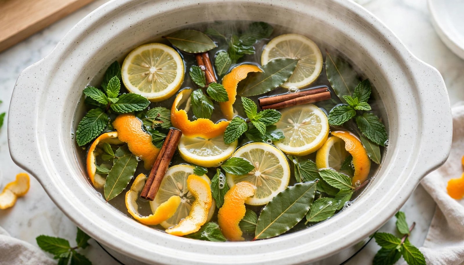 A crockpot of steaming water with lemon, mint, bay leaves, cinnamon, and citrus peels.