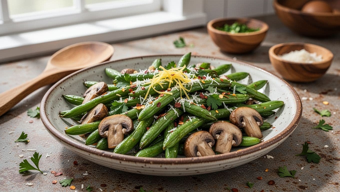 Air-fried green beans and mushrooms in a dish with lemon, Parmesan, and parsley.