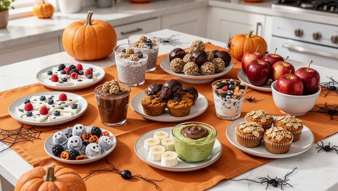 Assorted lighter Halloween treats arranged on plates and in cups on a sunny kitchen table.