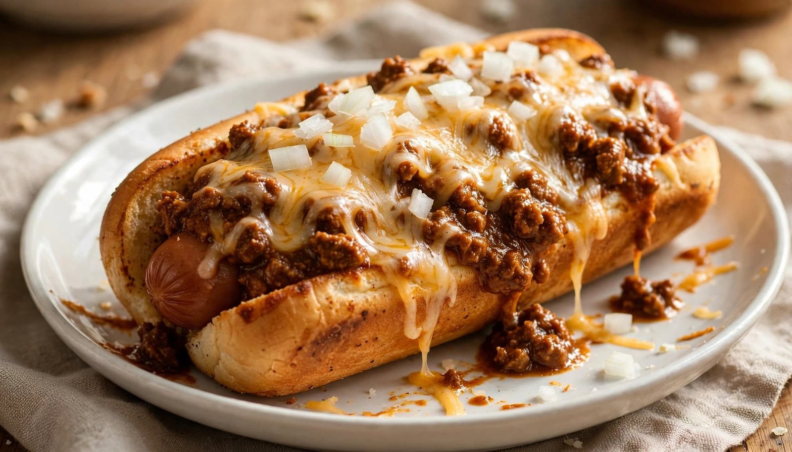 A chili cheese hot dog with melted cheese and onions on a white dish.