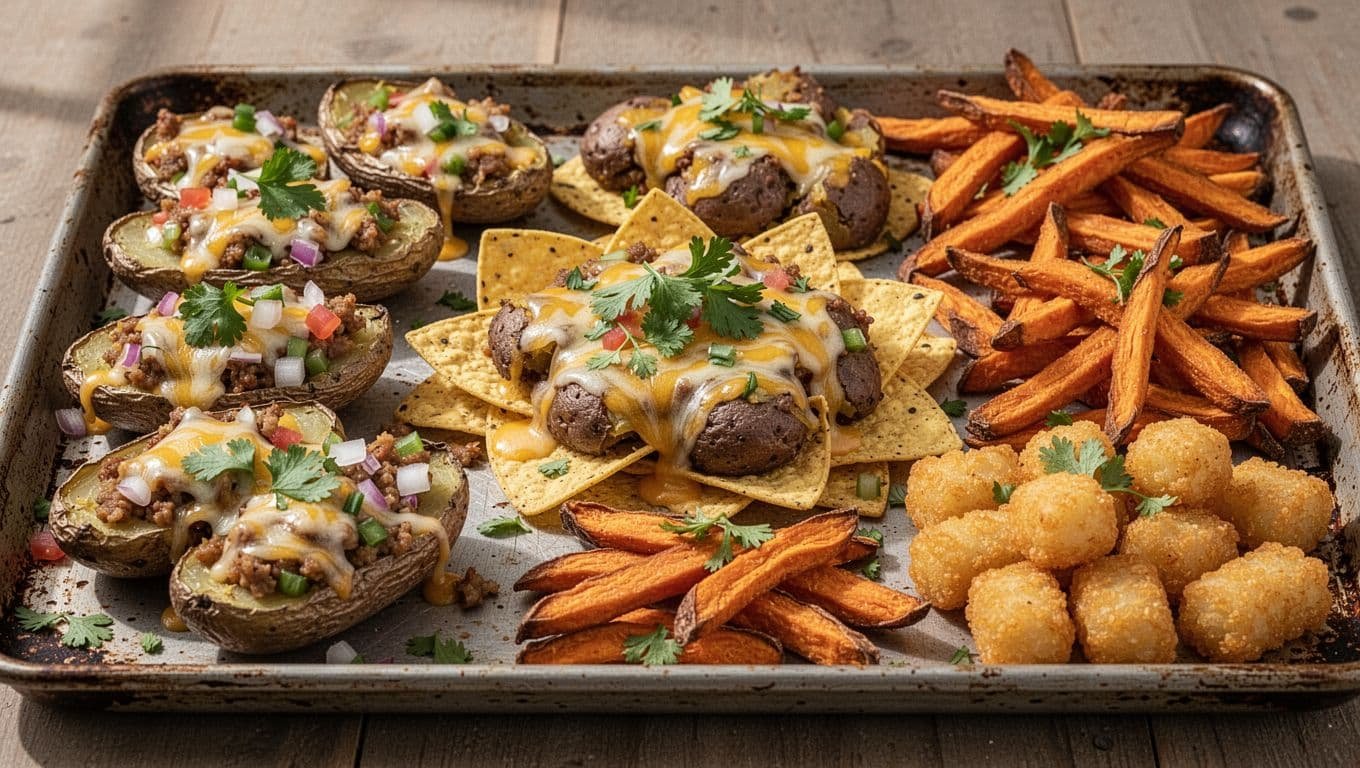 A sheet pan filled with cheesy potato snacks, nachos, fries, and fresh toppings.