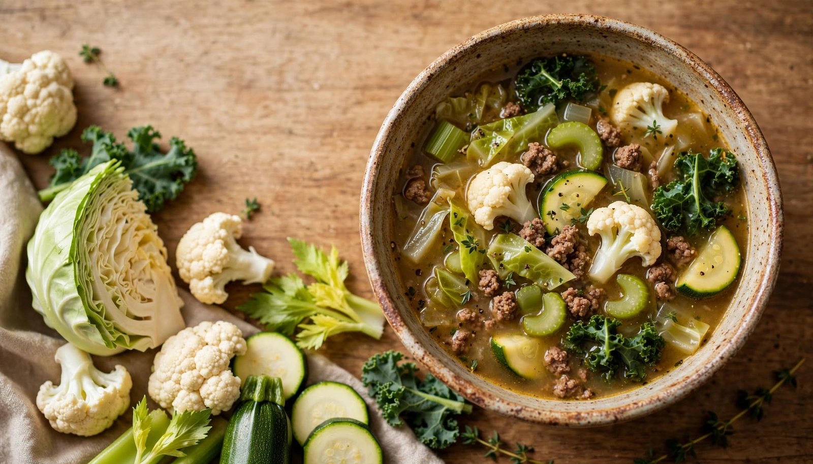A bowl of beef and vegetable soup with fresh vegetables on a kitchen table.