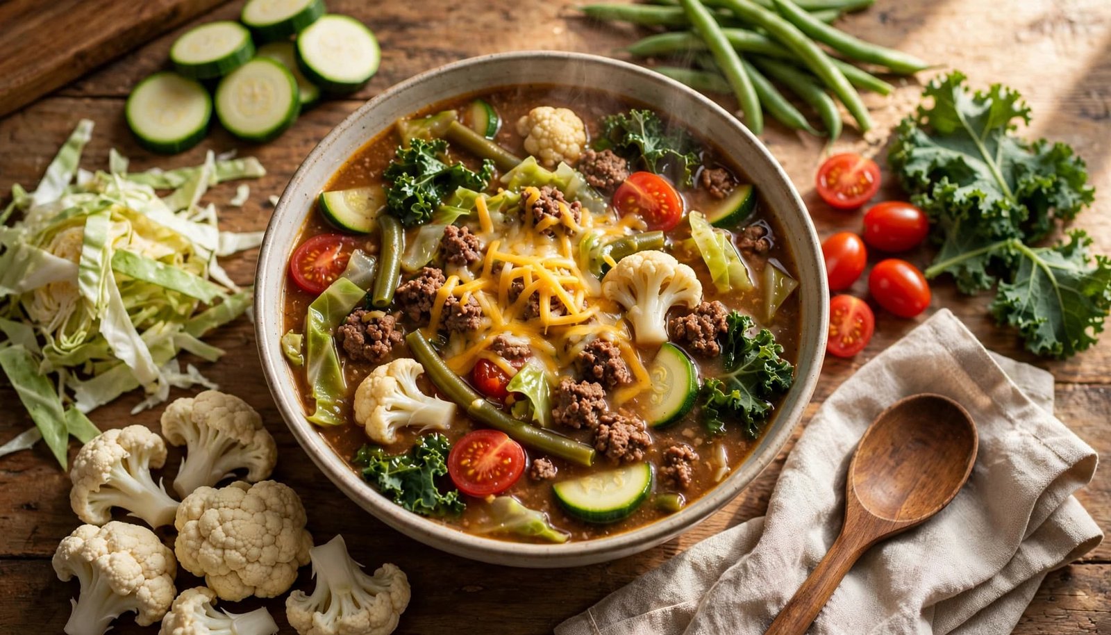 A bowl of ground beef soup with vegetables, cheddar, a napkin, and wooden spoon.