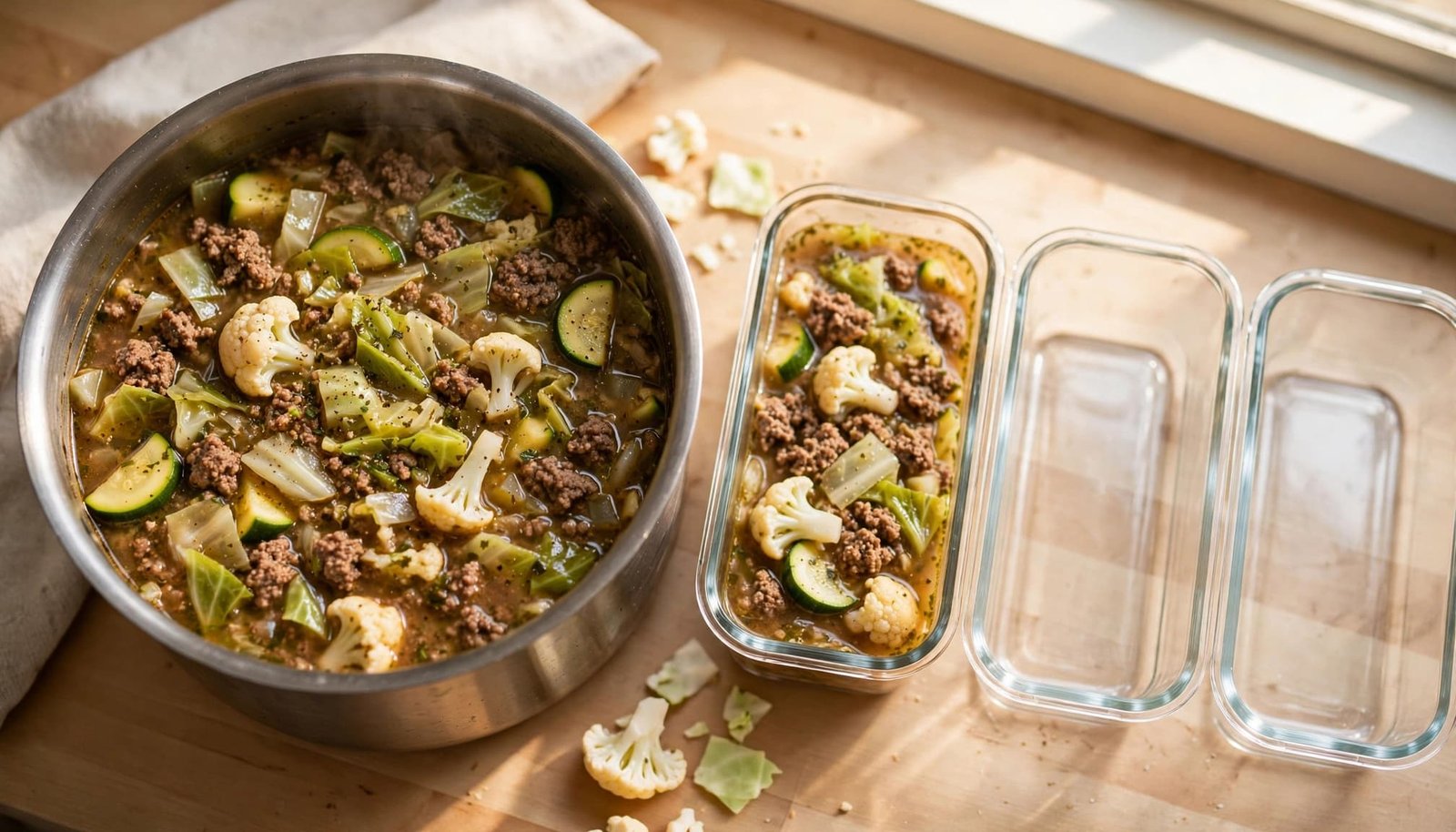 A pot of beef vegetable soup beside three glass meal-prep containers.