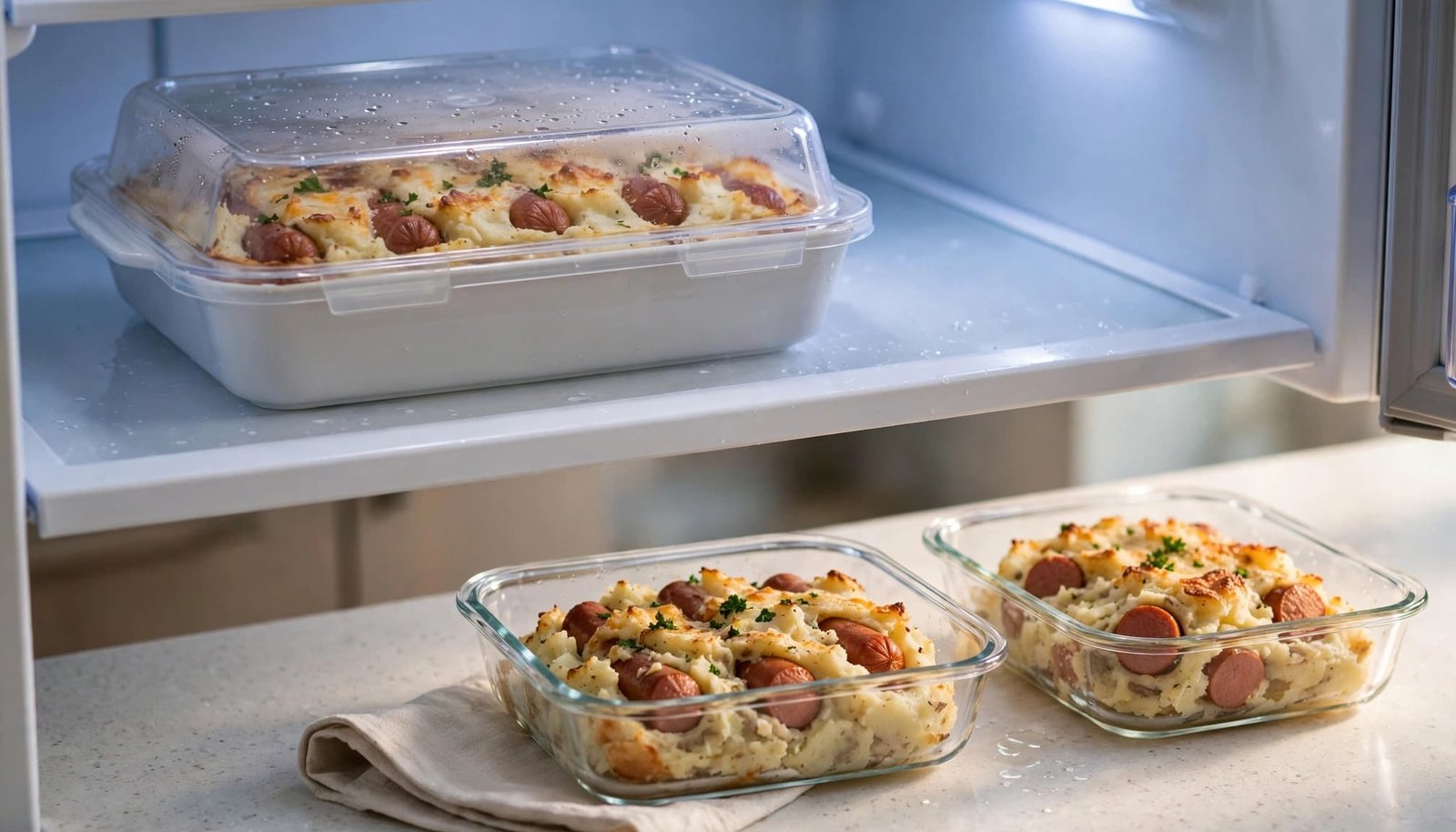 Covered casserole with two glass containers of leftovers on a refrigerator shelf.