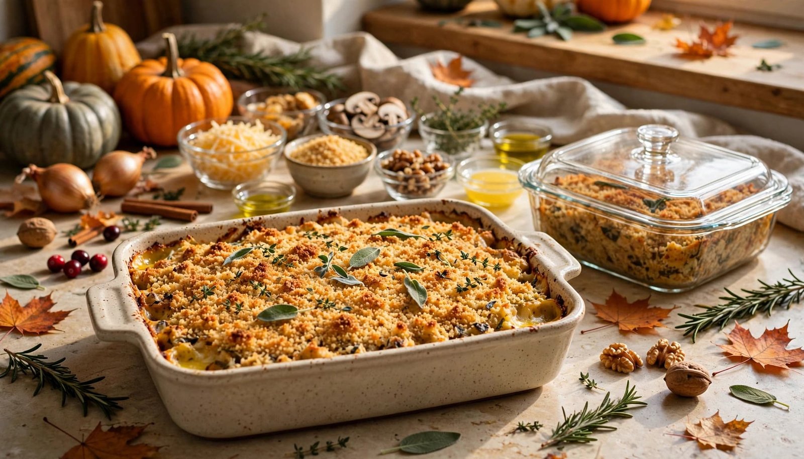 Golden casserole beside measured ingredients and a covered container on a kitchen counter.