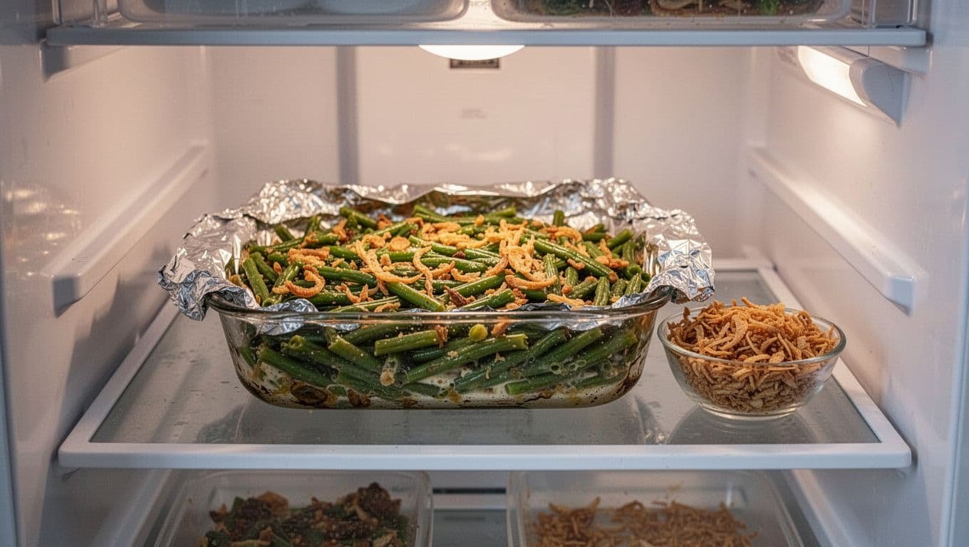 Foil-covered green bean casserole in a glass dish with crispy topping nearby.