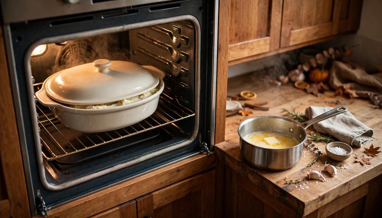 Covered mashed potatoes reheat in an oven beside warm milk and butter.