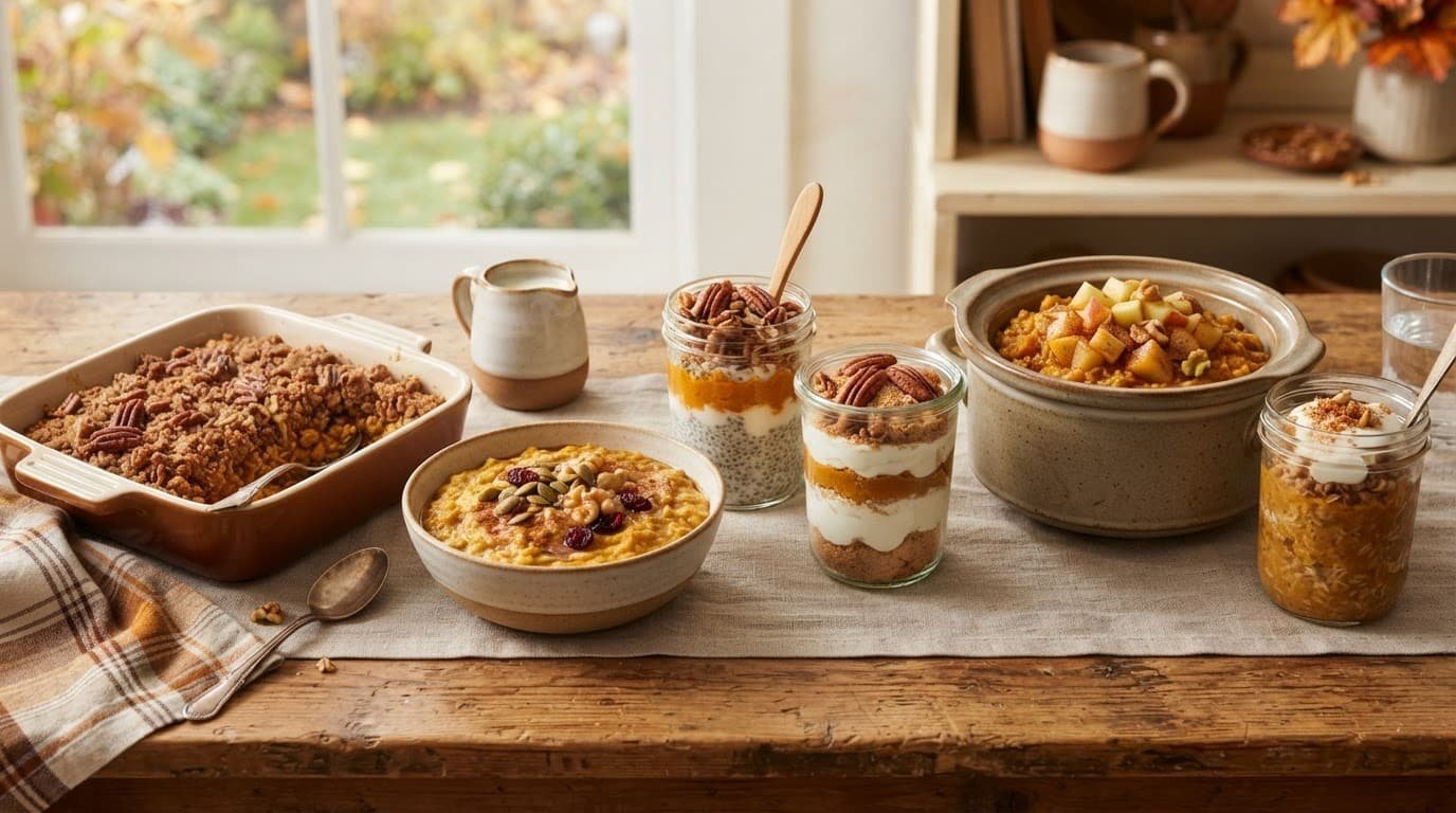 Six pumpkin oatmeal breakfasts arranged on a kitchen table with jars, bowls, and a baked dish.