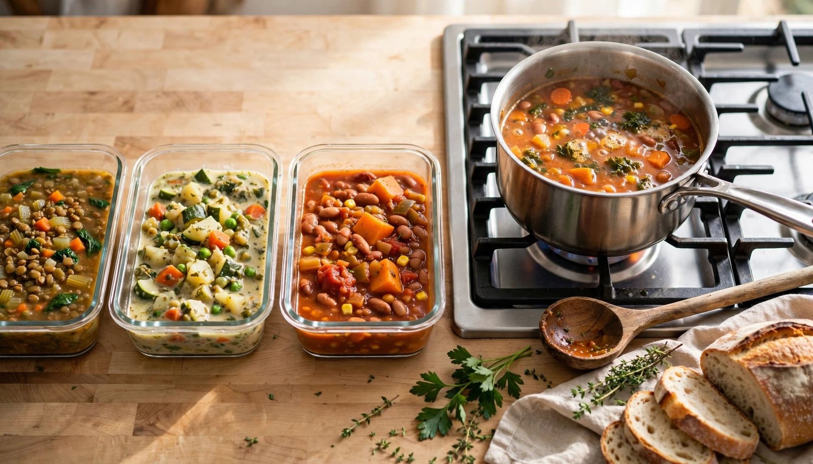 Glass containers of soup sit beside a saucepan, herbs, ladle, and bread on a kitchen counter.
