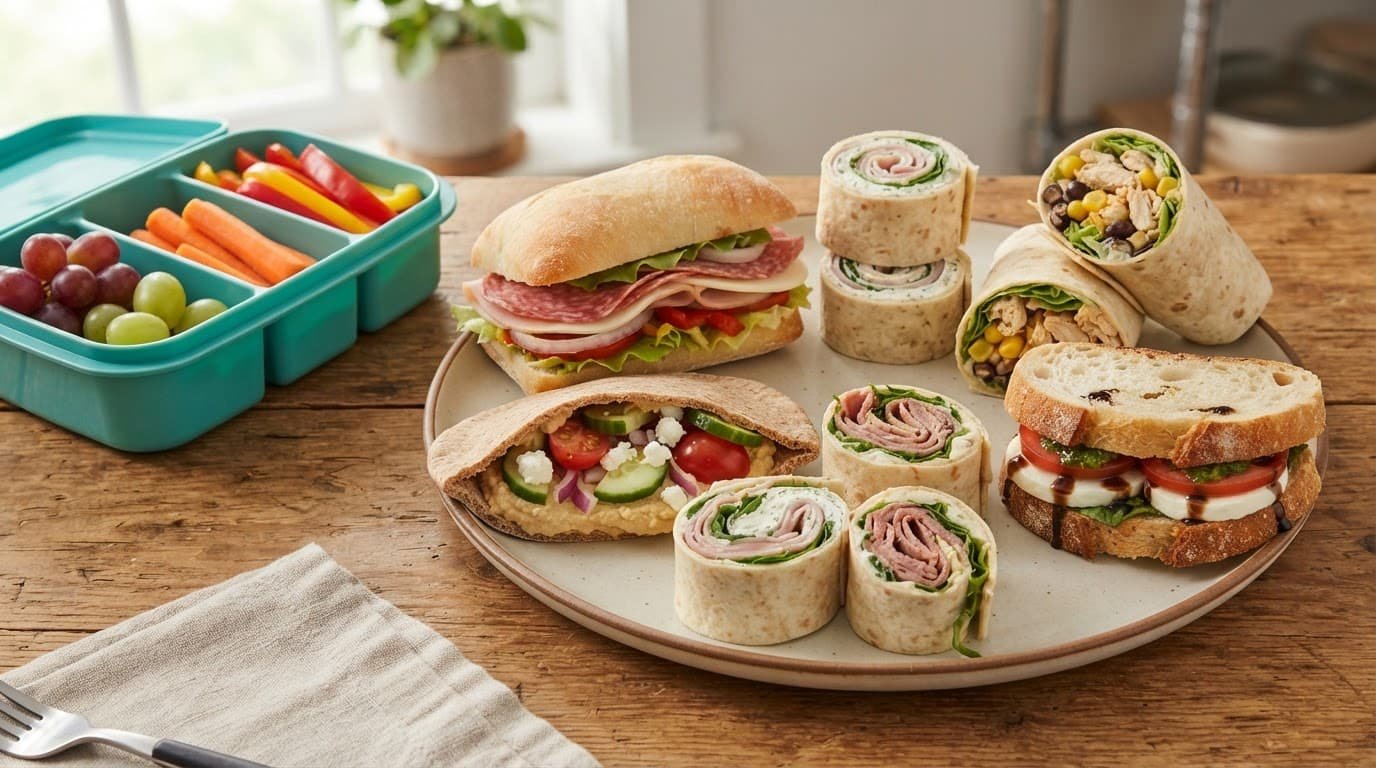 Six sandwiches and wraps with grapes and vegetables arranged on a bright kitchen table.