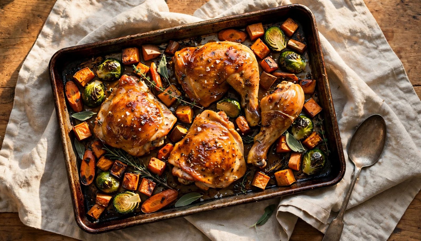 Maple-glazed chicken and roasted fall vegetables fill a sheet pan on a kitchen table.