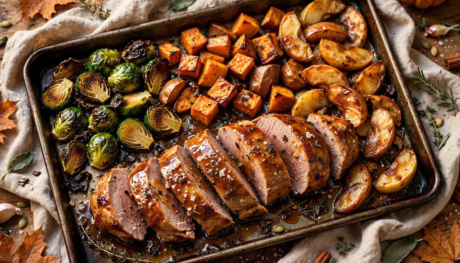 Sliced pork with roasted apples, sweet potatoes, and Brussels sprouts on a baking sheet.