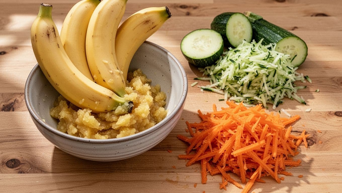Mashed bananas beside grated zucchini and carrots in a ceramic bowl.