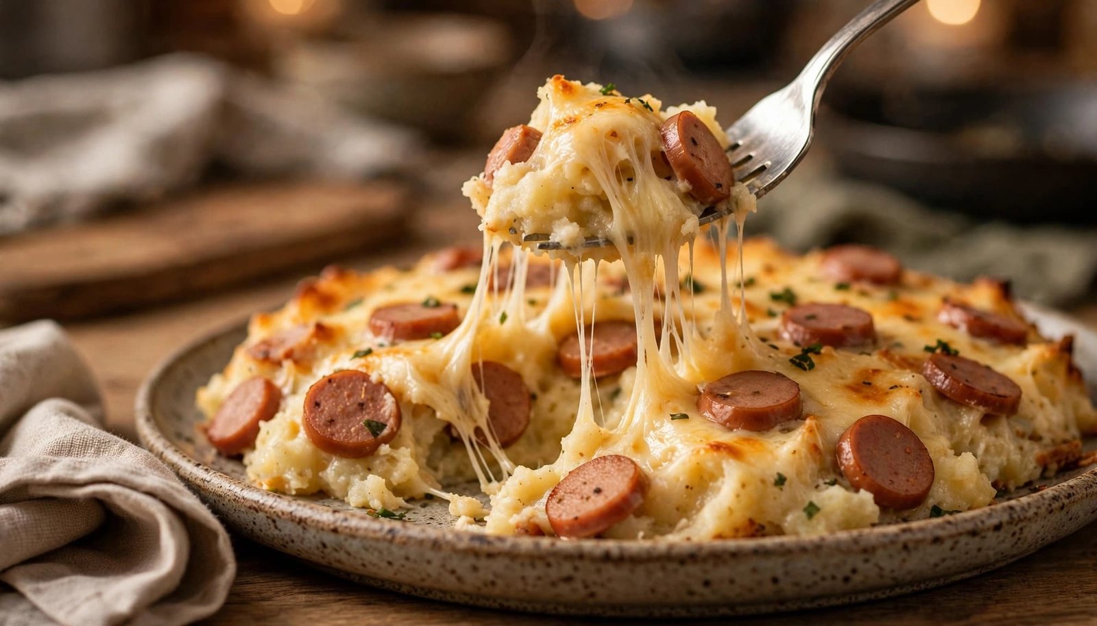Fork lifting cheesy mashed potato casserole with sliced hot dog.