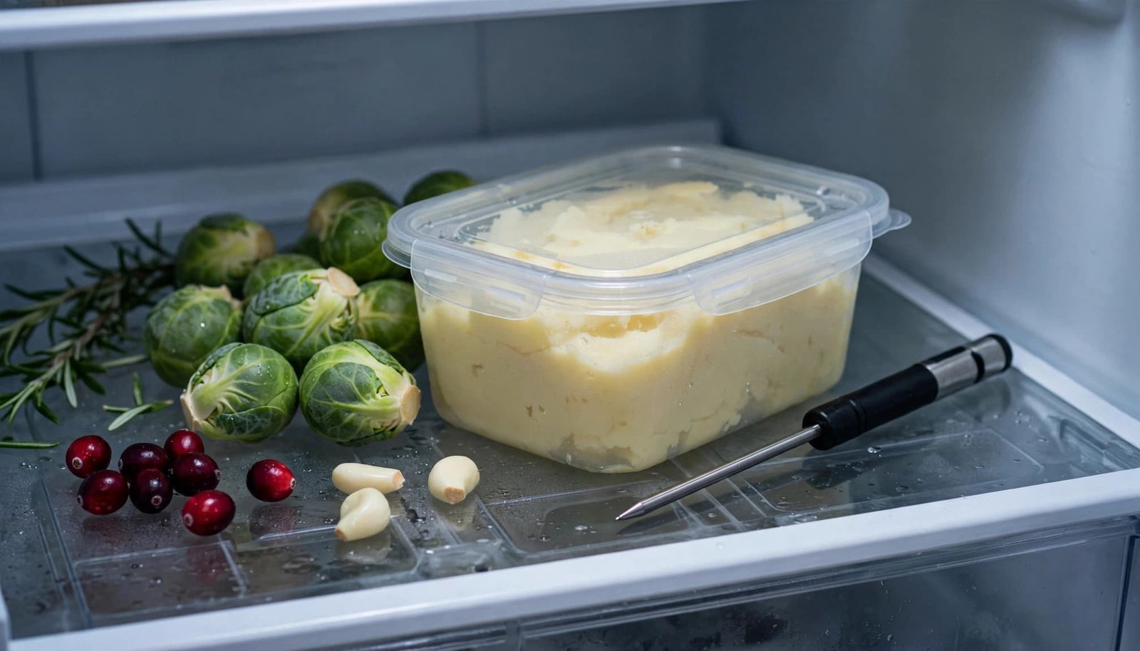 Sealed mashed potatoes and a food thermometer on a refrigerator shelf.