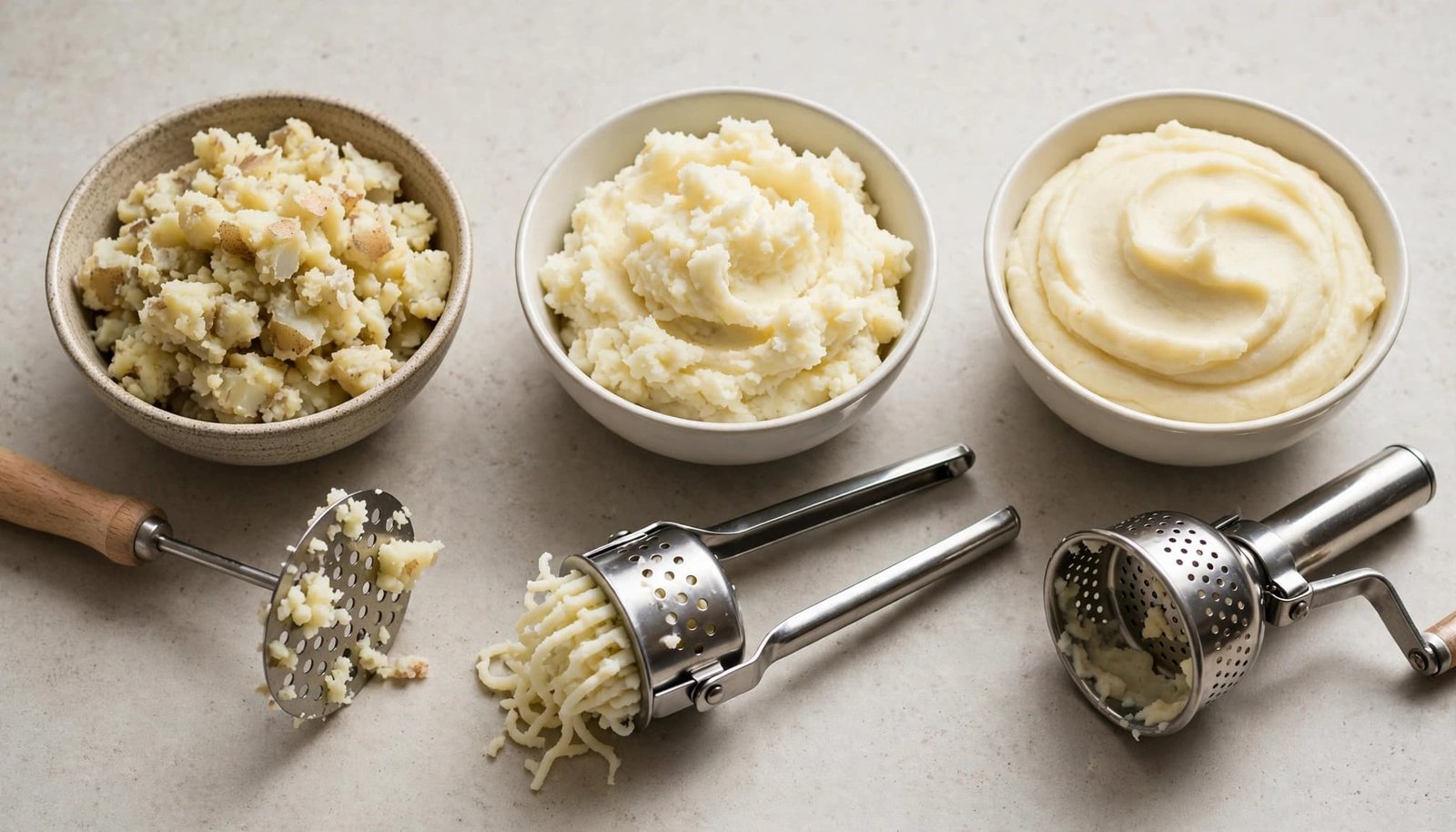 Three bowls of mashed potatoes show rustic, fluffy, and smooth textures beside three preparation tools.
