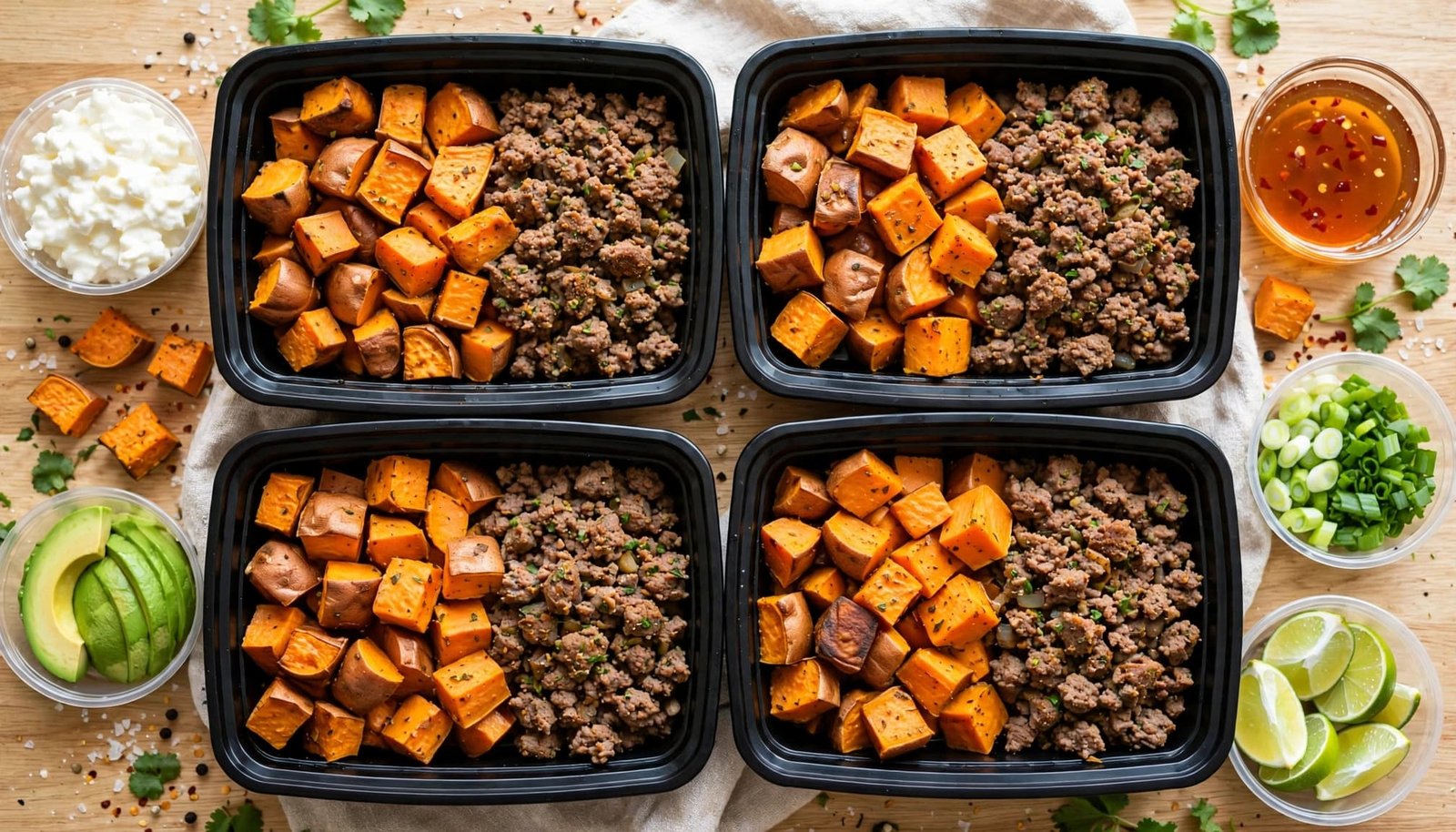 Four meal containers with sweet potatoes, ground beef, and separate toppings.