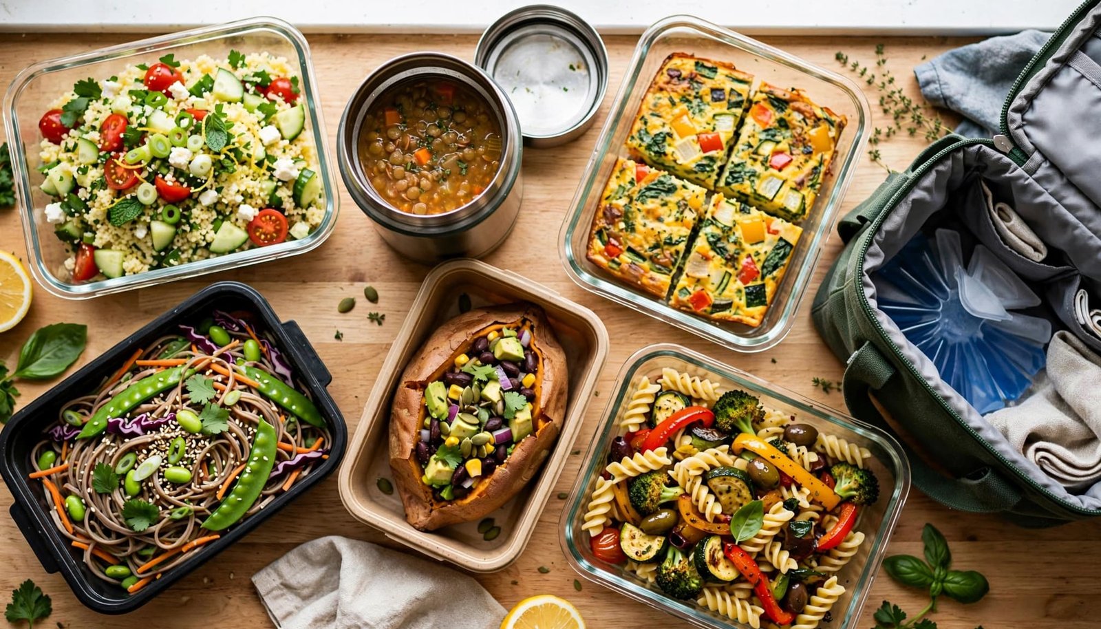 Six colorful vegetarian lunches in reusable containers on a sunny kitchen counter.