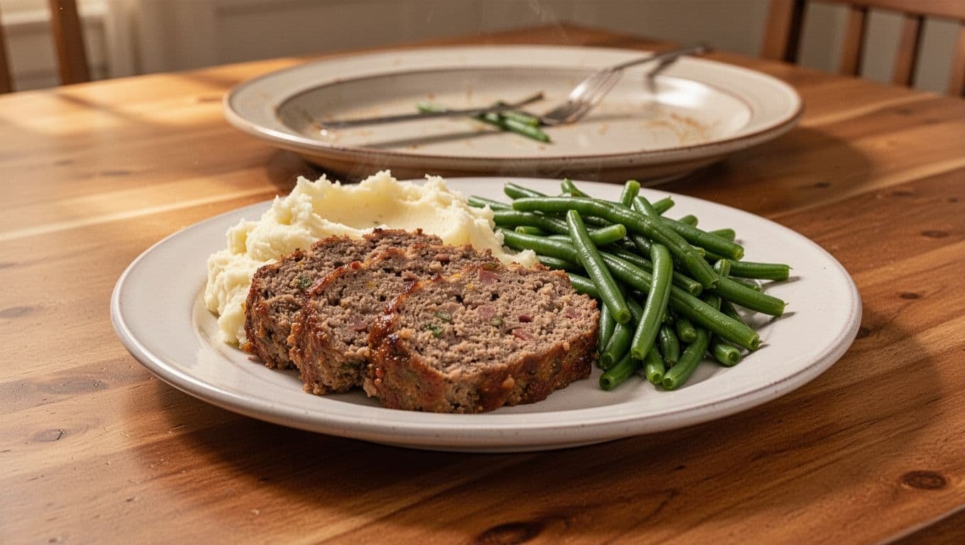 A plate of sliced meatloaf with mashed potatoes and green beans on a warm dining table.