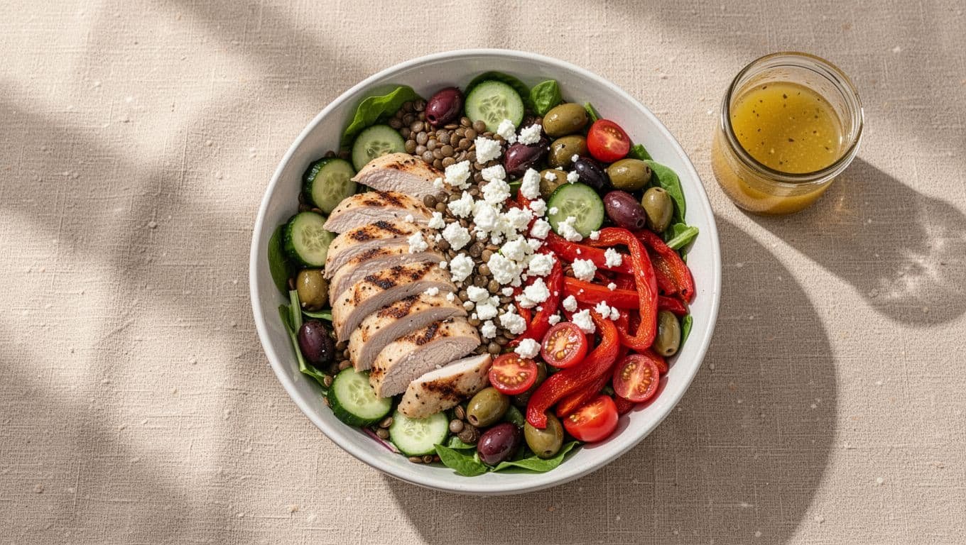 A jar of chicken, greens, lentils, vegetables, feta, and lemon dressing on linen.