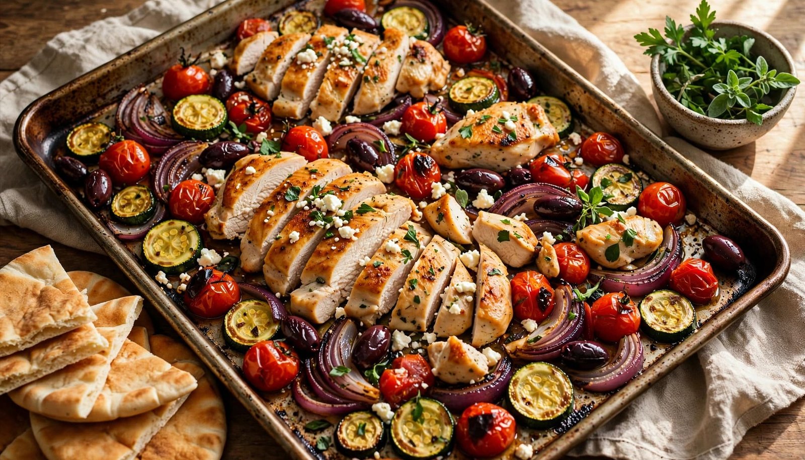 Roasted chicken and vegetables with feta on a sheet pan beside warm pita.