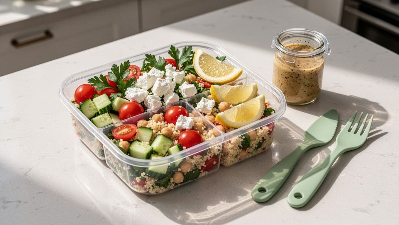 A colorful couscous and chickpea salad fills a divided lunch container beside dressing and utensils.