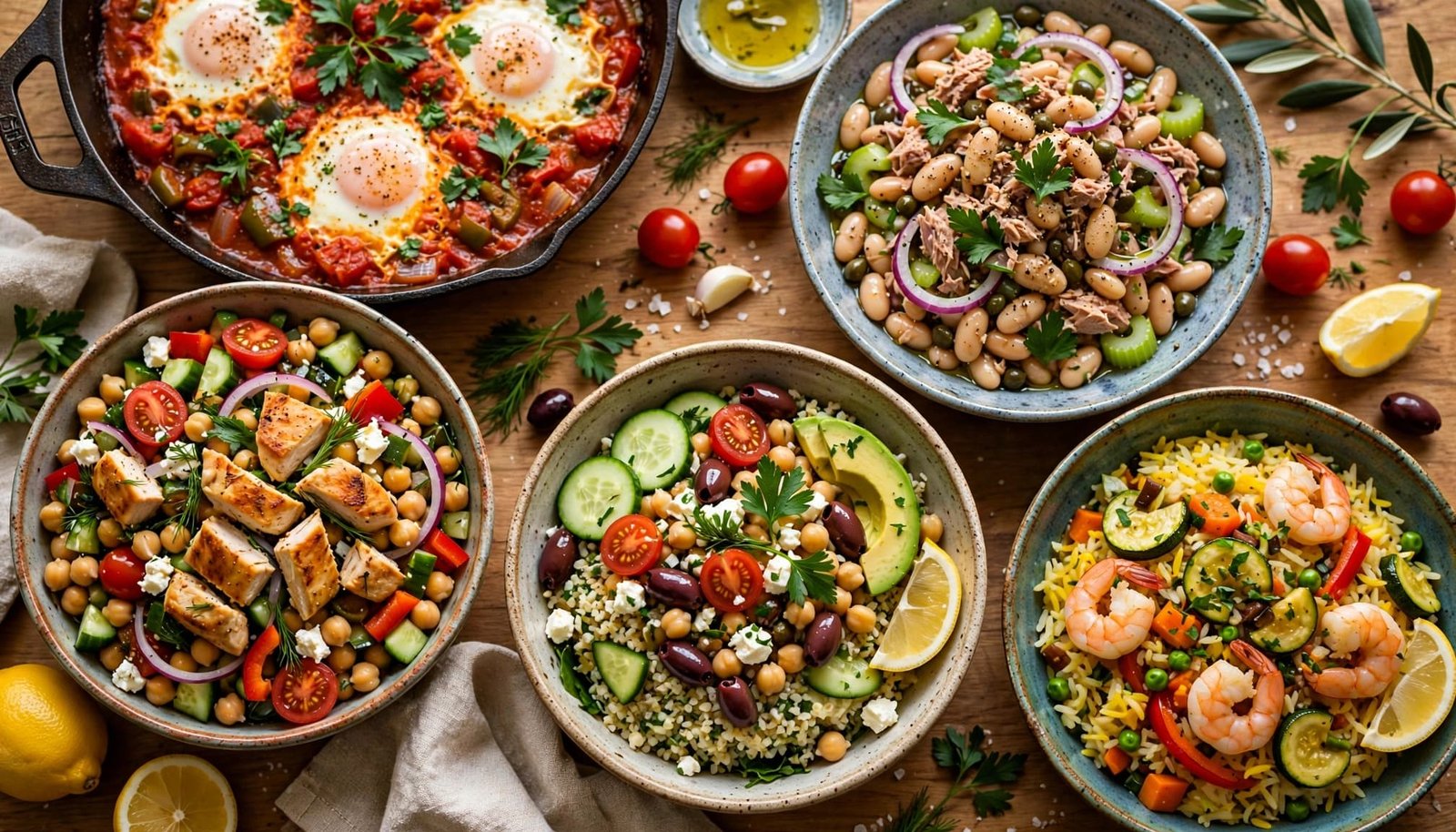 Five Mediterranean dishes, including salads, shakshuka, a grain bowl, and shrimp rice, arranged on a kitchen table.