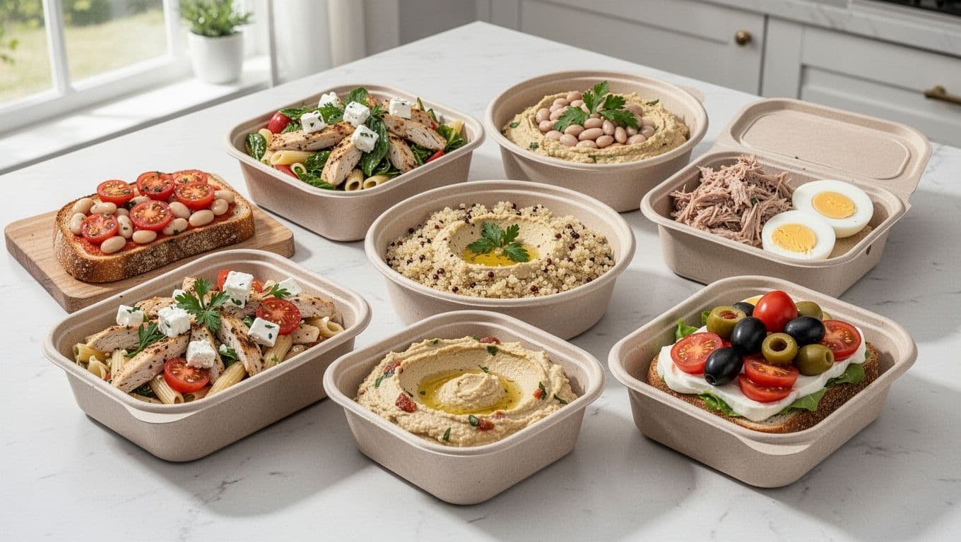 Six Mediterranean lunch portions in reusable containers on a bright kitchen table.