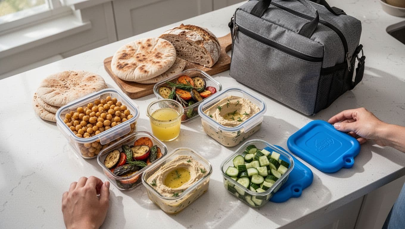 Hands arrange Mediterranean lunch ingredients in containers beside a lunch bag and cold packs.