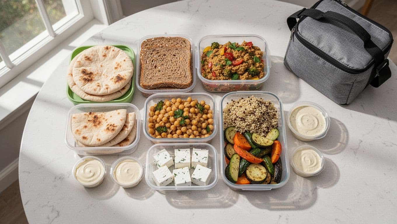Meal-prep containers hold pita, quinoa, chickpeas, roasted vegetables, sauces, and bread beside a lunch bag.