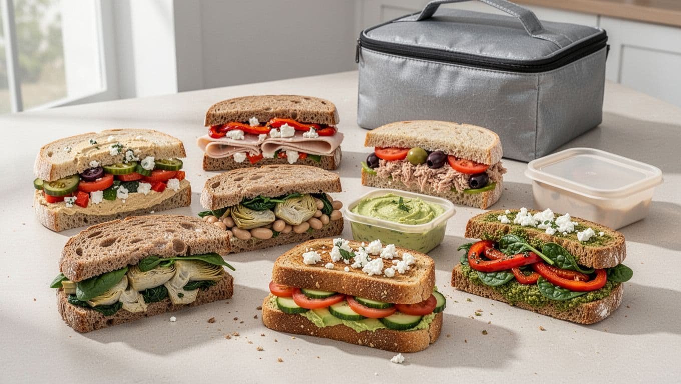 Six colorful Mediterranean sandwiches arranged beside a lunch bag and reusable containers.