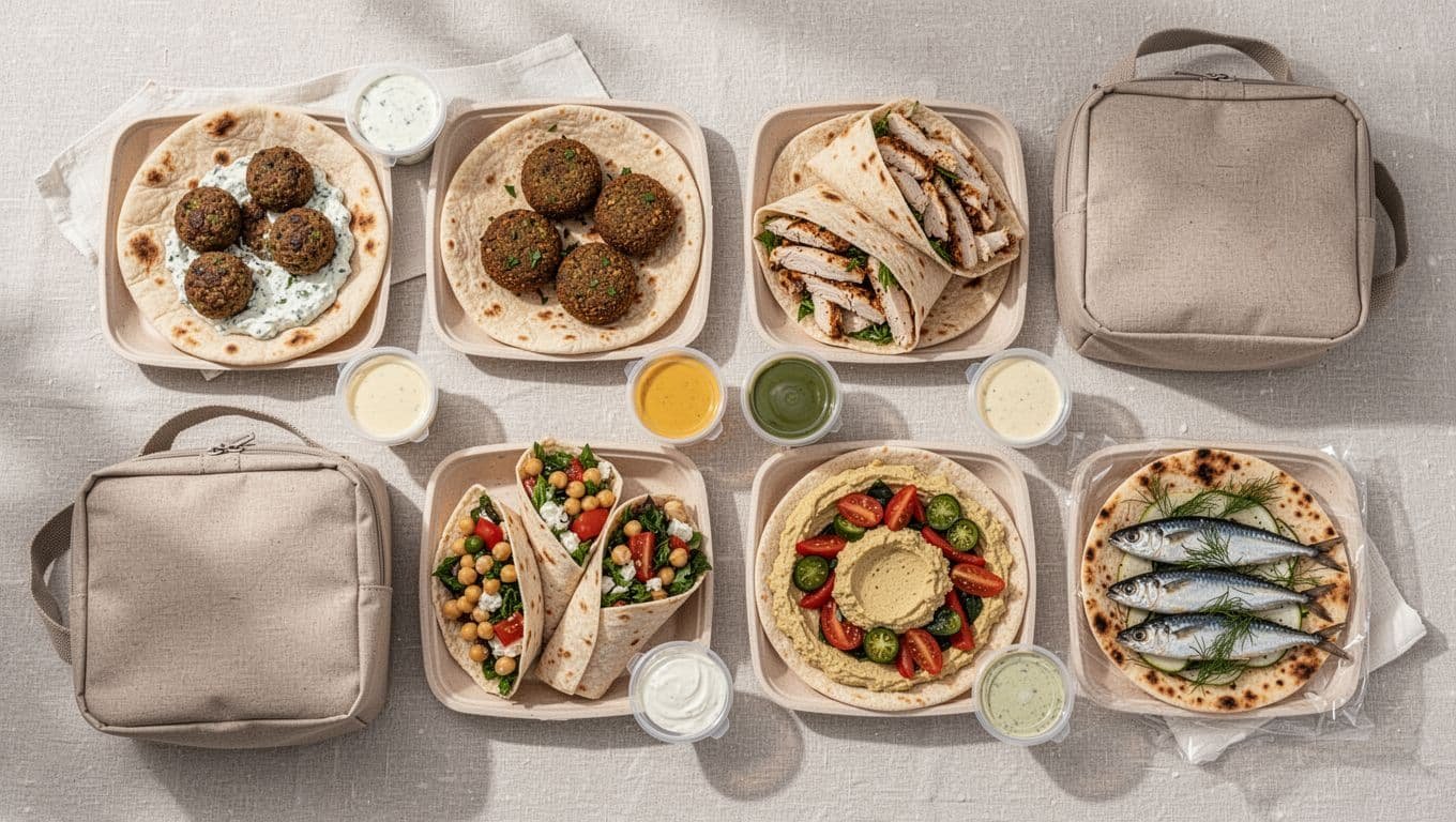 Six Mediterranean pitas and wraps arranged with sauce containers and a lunch bag.