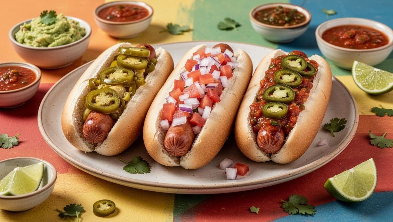 Three hot dogs with mild, classic, and spicy toppings beside dips and lime.