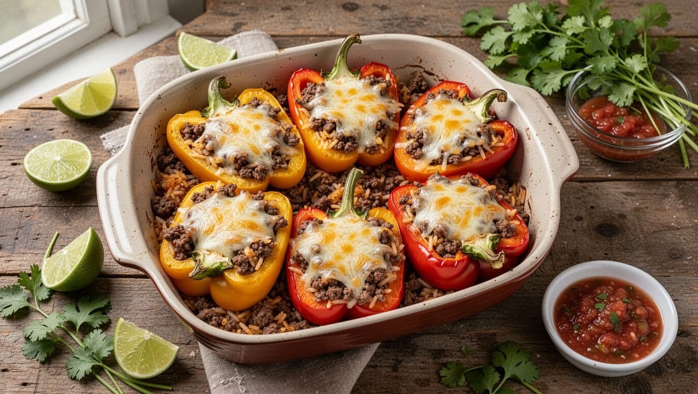 Six stuffed bell pepper halves topped with cheese in a baking dish with lime, cilantro, and salsa.