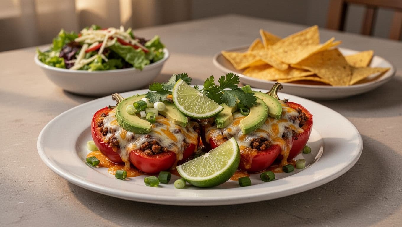 Two stuffed peppers with cheese, avocado, lime, salad, and tortilla chips.