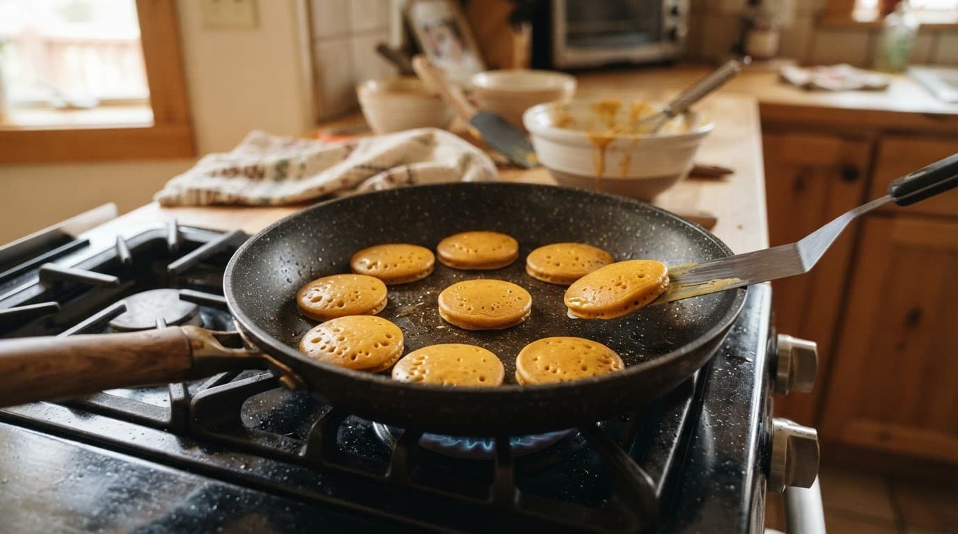 Tiny pumpkin pancakes cook in one skillet beside a spatula.
