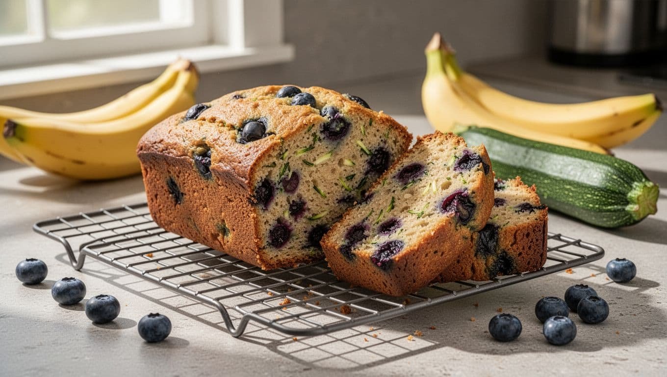 A sliced banana zucchini blueberry loaf with fresh fruit and vegetables on a cooling rack.