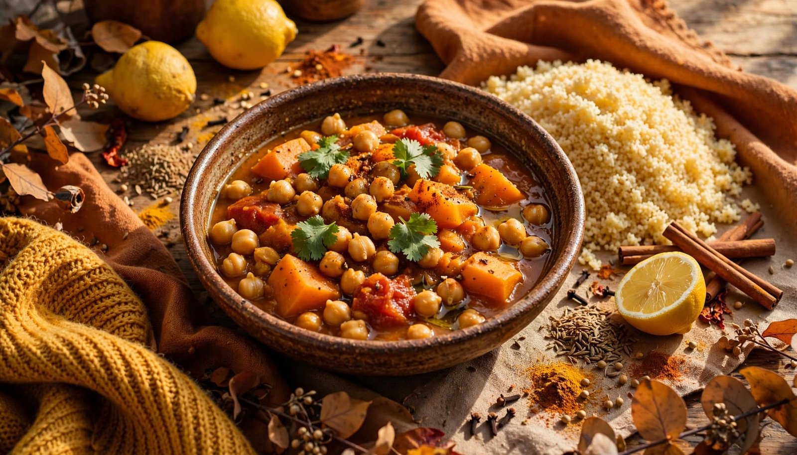 Chickpea and sweet potato stew with cilantro, couscous, lemon, and spices on a warm kitchen table.