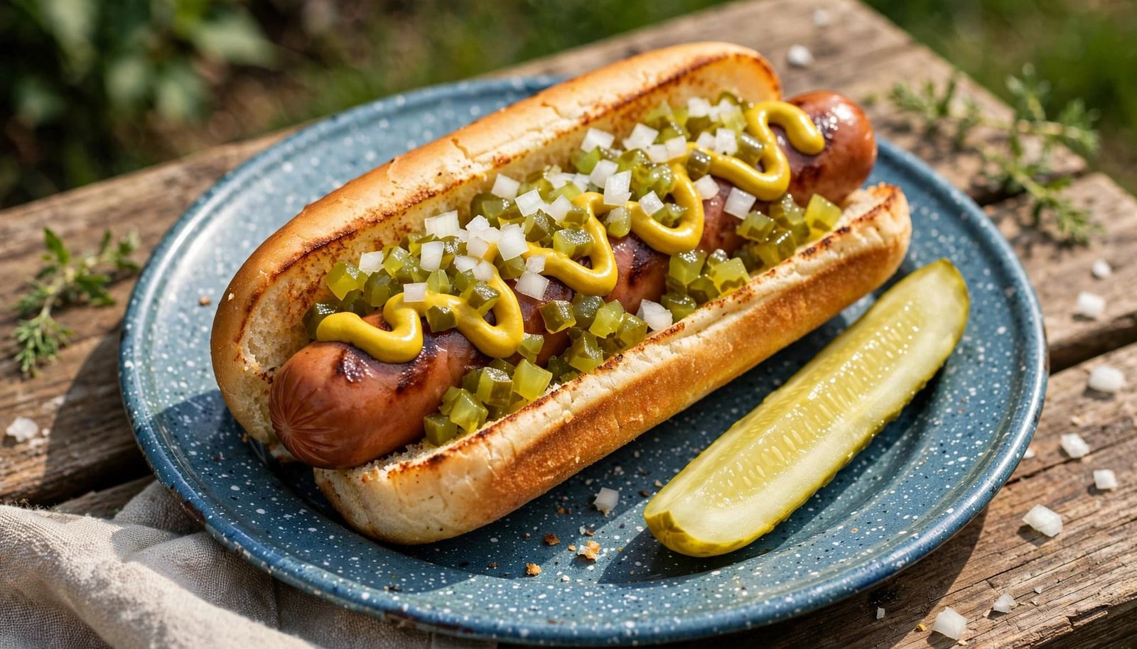 Loaded hot dog with mustard, relish, onion, and a pickle spear on a plate.