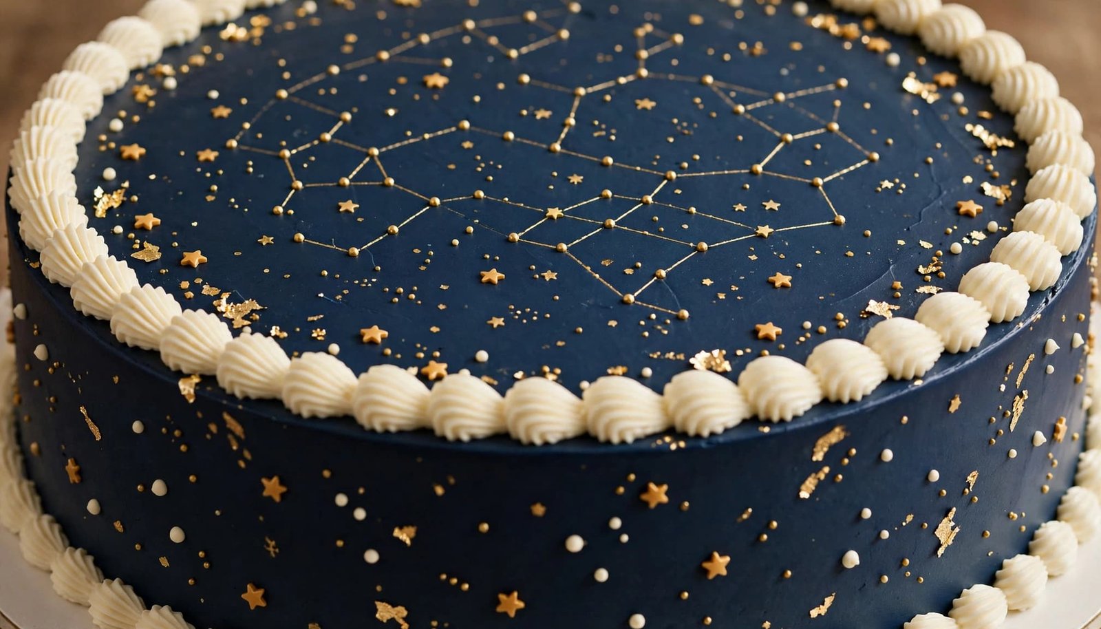 Navy birthday cake with edible stars, constellation details, and gold accents.