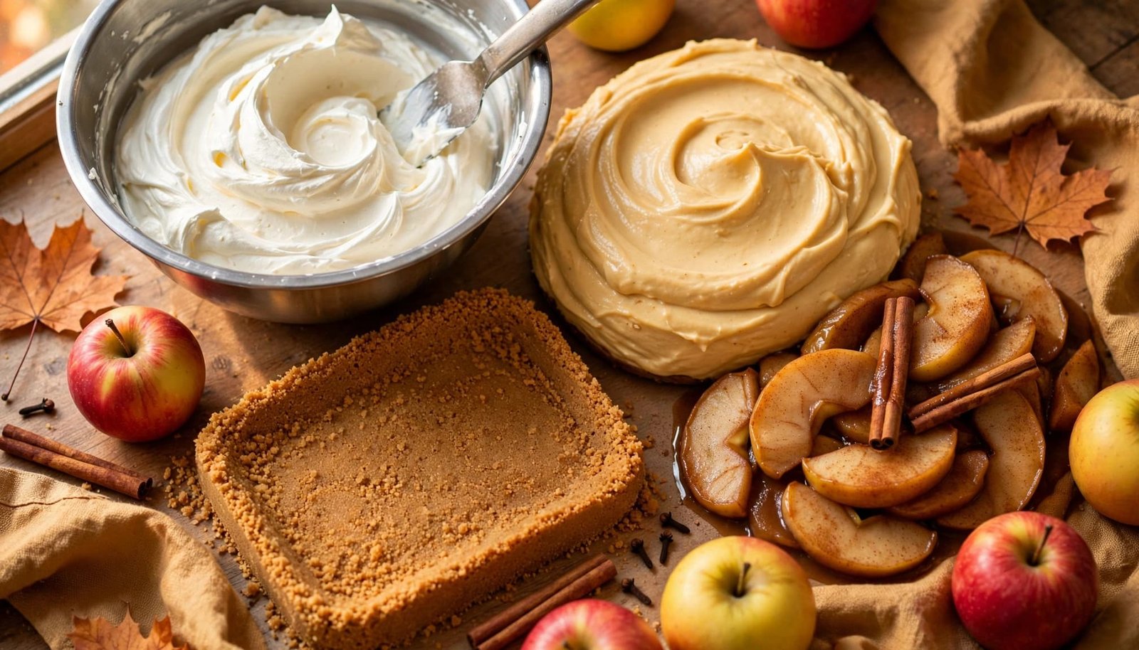 Pumpkin cheesecake ingredients and cinnamon apples arranged on a warm kitchen counter.